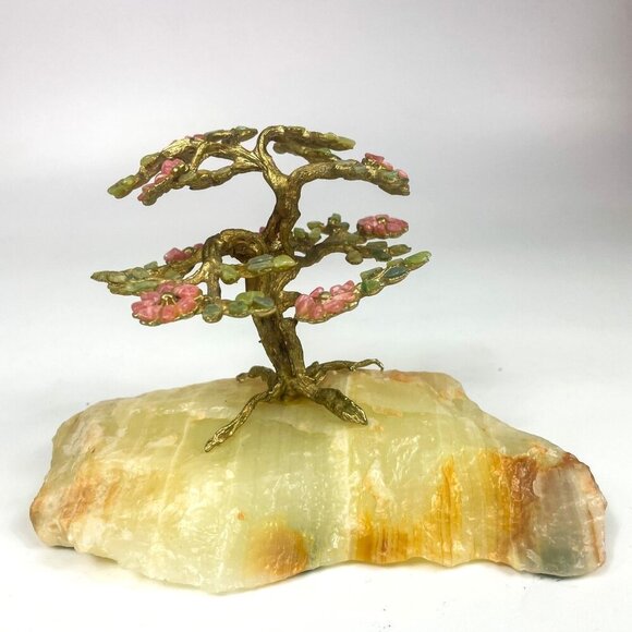 Gem Tree Bonsai SculpturePink Rhodonite & Jade Flowers On Onyx Base